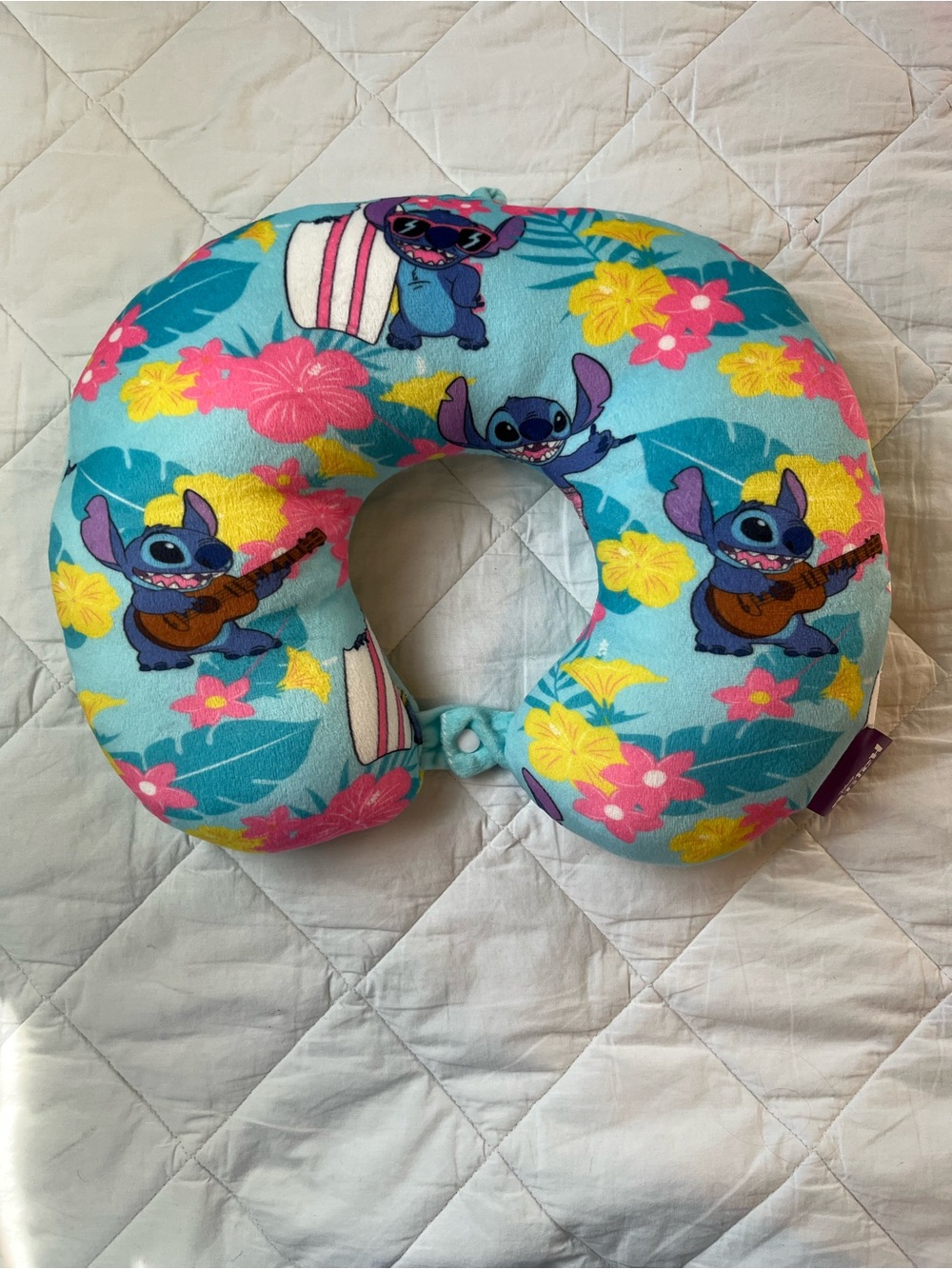 Disney Stitch Tropical Blue Neck Pillow with Pink & Yellow Flowers